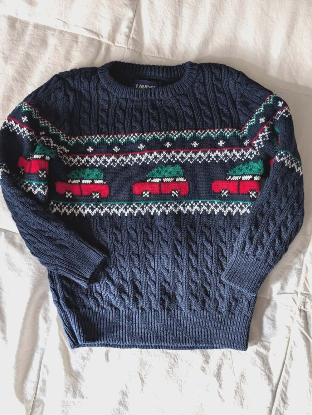 Lands End Toddler Boys Navy Christmas Tree Red Truck Knit Holiday Sweater 2T